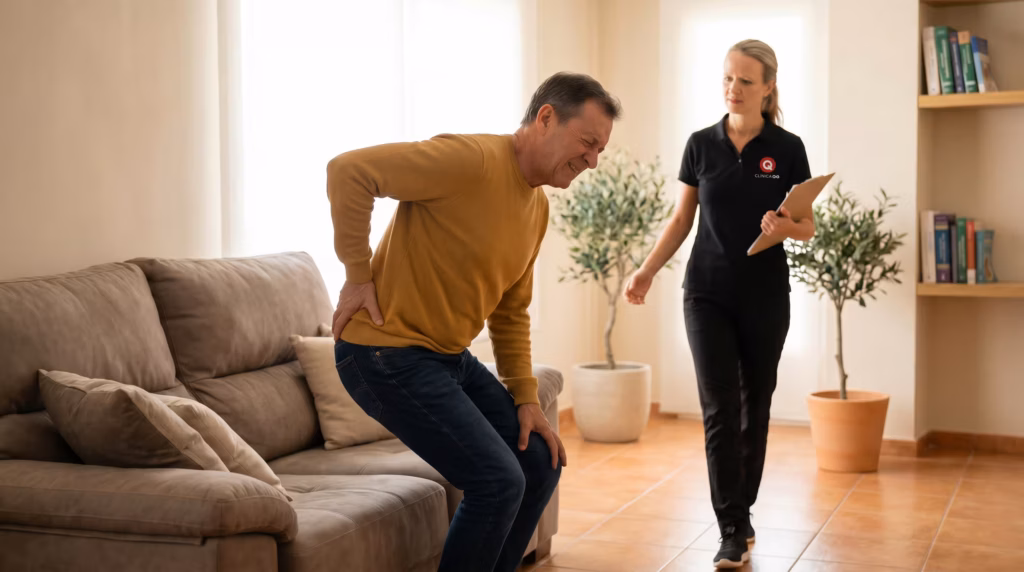 Persona levantándose del sofá sujetándose la zona lumbar por un dolor que irradia a la pierna.