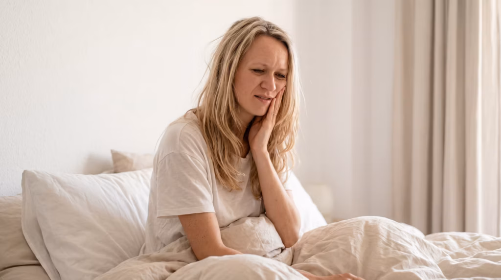Persona al despertar llevándose la mano a la cabeza por dolor.
