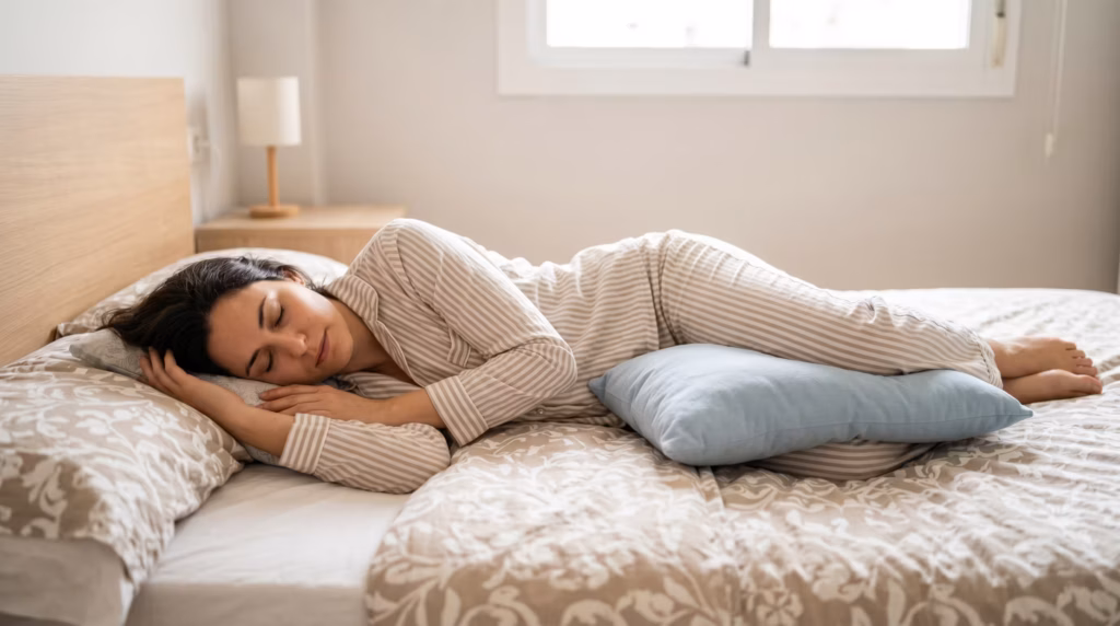Persona durmiendo de lado con una almohada entre las rodillas para mantener la columna alineada.