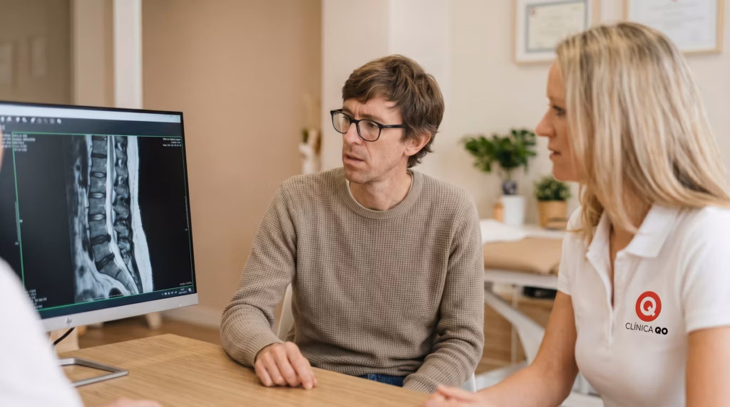 Paciente observando una resonancia de su columna lumbar durante la consulta en Clínica QO.