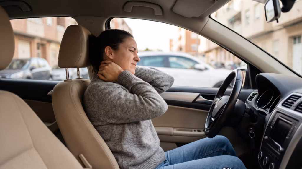 Persona sujetándose la nuca dentro del coche tras un golpe por alcance.