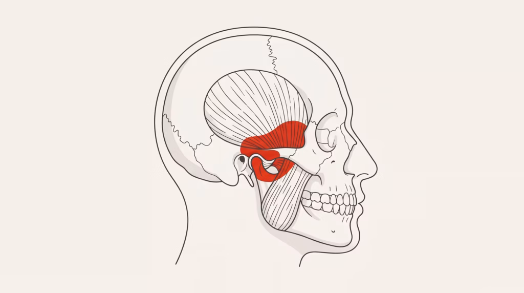 Ilustración de la musculatura masticatoria (masetero y temporal) y la articulación temporomandibular.