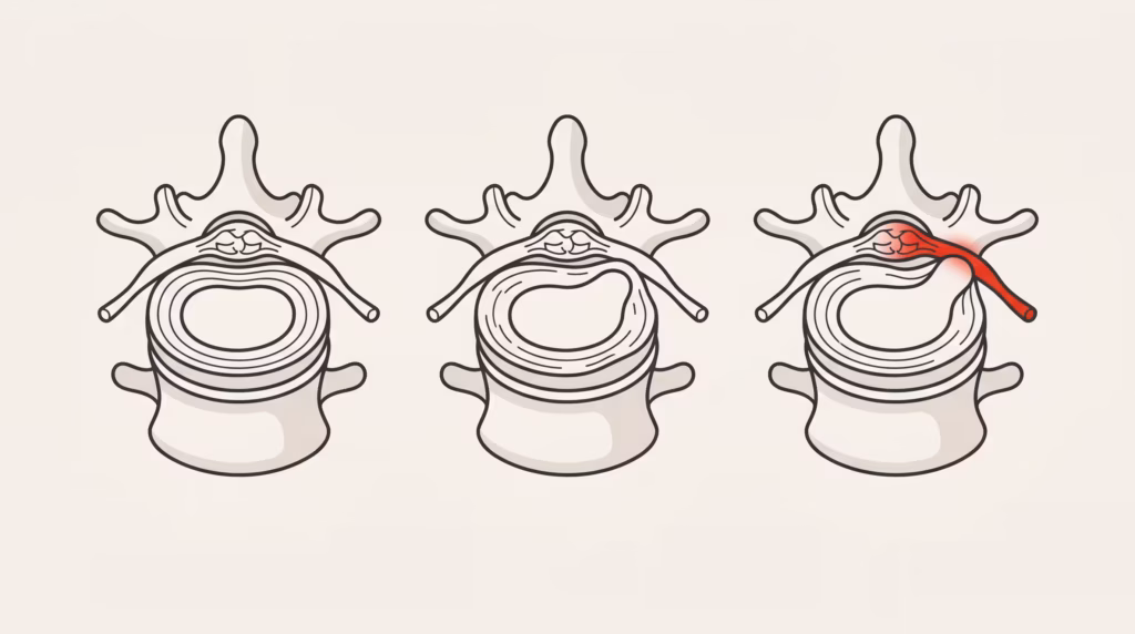 Ilustración de una vértebra vista desde arriba con una hernia discal comprimiendo la raíz nerviosa.