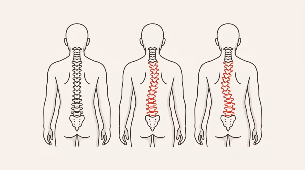 Ilustración que compara una columna recta con una curva en C y una curva en S (escoliosis).