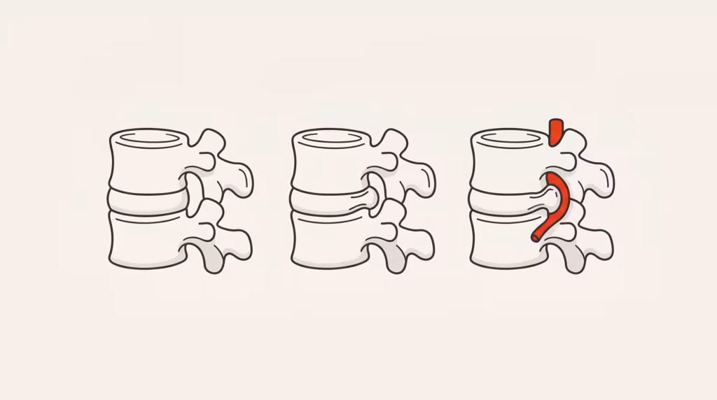 Ilustración de un disco intervertebral sano, con protrusión y con extrusión que presiona la raíz nerviosa.