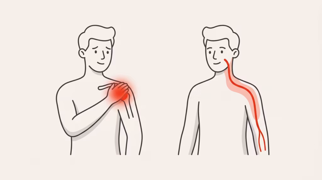 Ilustración que compara el dolor del hombro frente al que irradia desde el cuello hacia el brazo.