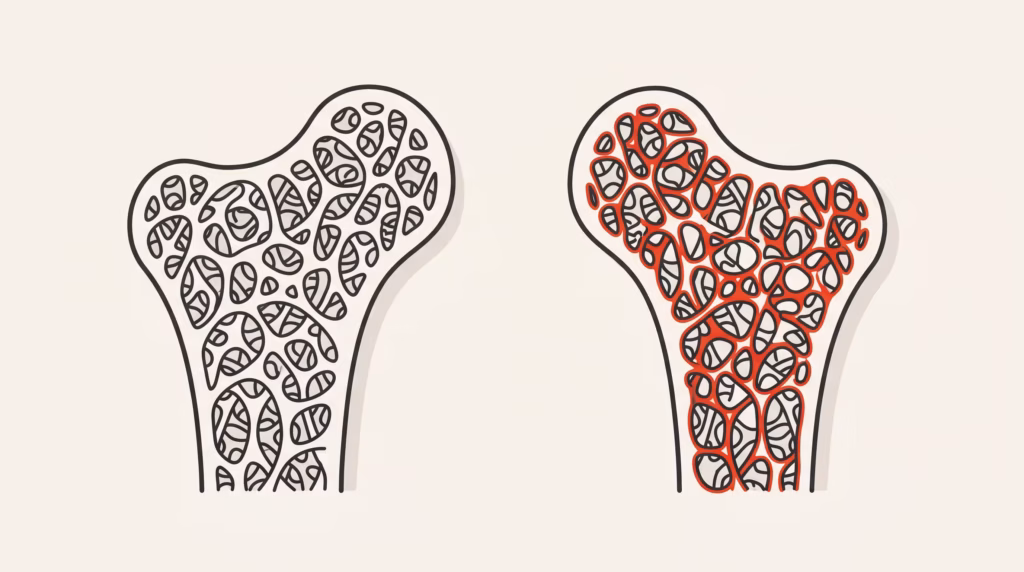 Ilustración que compara hueso sano y hueso osteoporótico (pérdida de densidad ósea).