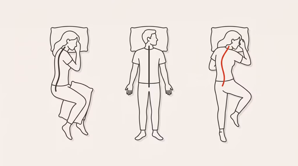 Ilustración que compara las tres posturas para dormir y su efecto en la alineación de la columna.